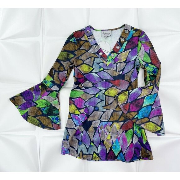Lynn Ritchie Tops - NWT Lynn Ritchie Sz XS Grommet Bell Sleeve Mosaic Print Tunic Top Blouse Womens